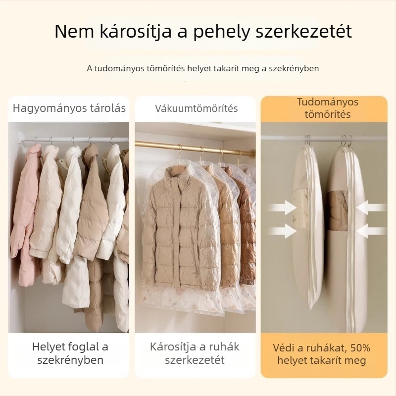 Szatén függő tömörítő zsák porvédővel szezonális ruházathoz és pehelydzsekikhez