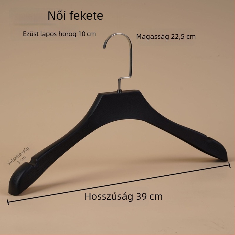 Fekete műanyag ruhakasztó, fa textúrájú felülettel, csúszásmentes, felnőtt ruhákhoz, uniszex, testreszabható
