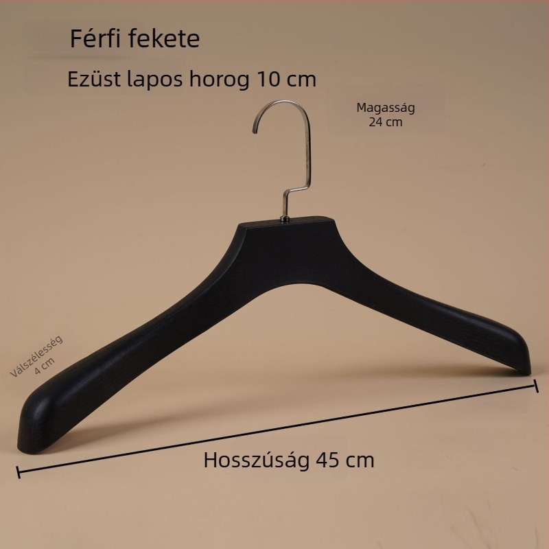 Fekete műanyag ruhakasztó, fa textúrájú felülettel, csúszásmentes, felnőtt ruhákhoz, uniszex, testreszabható
