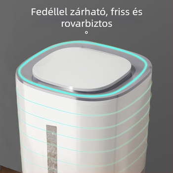 Zárható mérőrizstároló edény, nedvesség- és kártevővédelem, 10 kg kapacitás