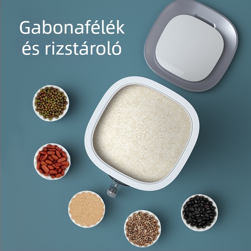Zárható mérőrizstároló edény, nedvesség- és kártevővédelem, 10 kg kapacitás