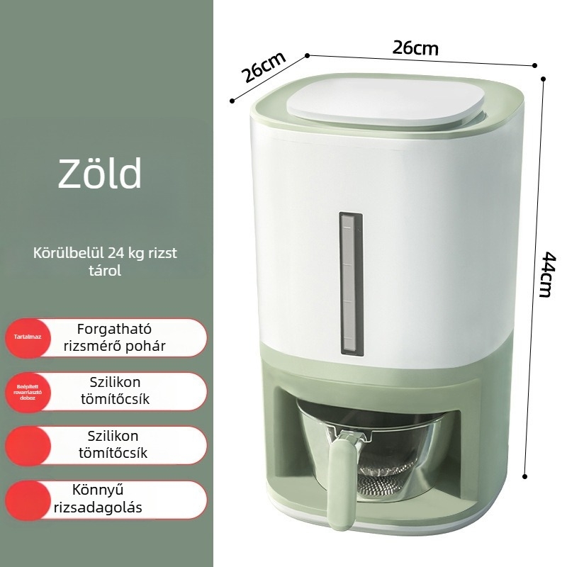 Zárható mérőrizstároló edény, nedvesség- és kártevővédelem, 10 kg kapacitás