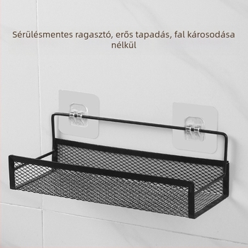 Falra szerelhető konyha- és fürdőszobai tároló, lyukasztás nélküli, vas polc kampós rögzítéssel