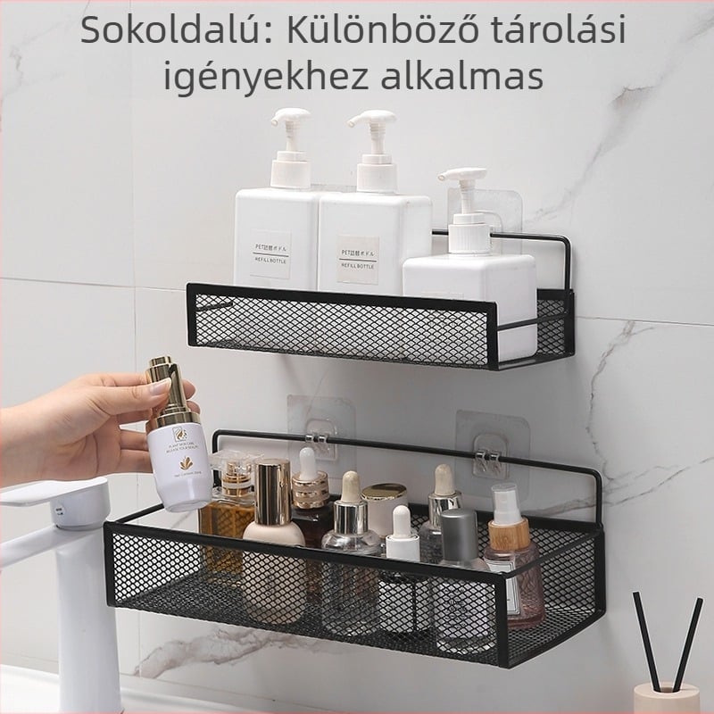 Falra szerelhető konyha- és fürdőszobai tároló, lyukasztás nélküli, vas polc kampós rögzítéssel