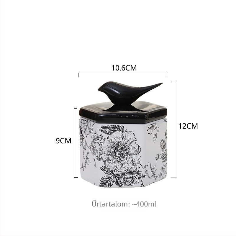 Porcelán tárolóedény retro stílusú virág- és madár motívummal, hexagonális formájú, konyhai tároláshoz, zárható fedővel, dekoratív darab