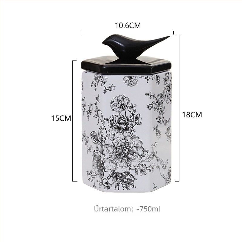 Porcelán tárolóedény retro stílusú virág- és madár motívummal, hexagonális formájú, konyhai tároláshoz, zárható fedővel, dekoratív darab