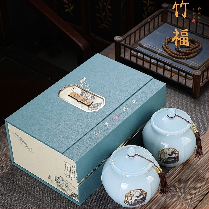 Prémium kerámia teás doboz két porcelán tartállyal – üres ajándékdoboz fekete, zöld és oolong tea számára