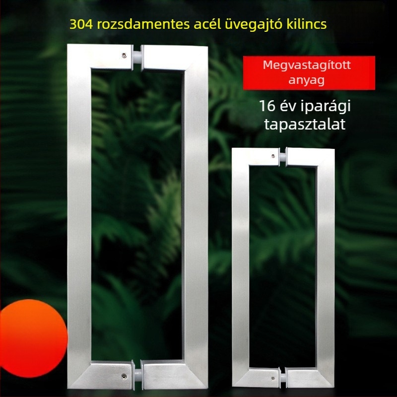 Rozsdamentes acélból készült üvegajtóhoz, négyszögletes csővel, nagy ívelt fogó