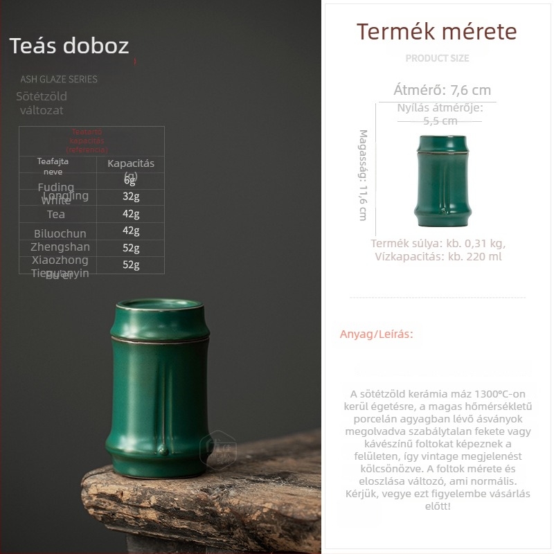 Antik stílusú kerámiából készült teás tárolóedény bambusz motívummal, zárható fedéllel, hordozható