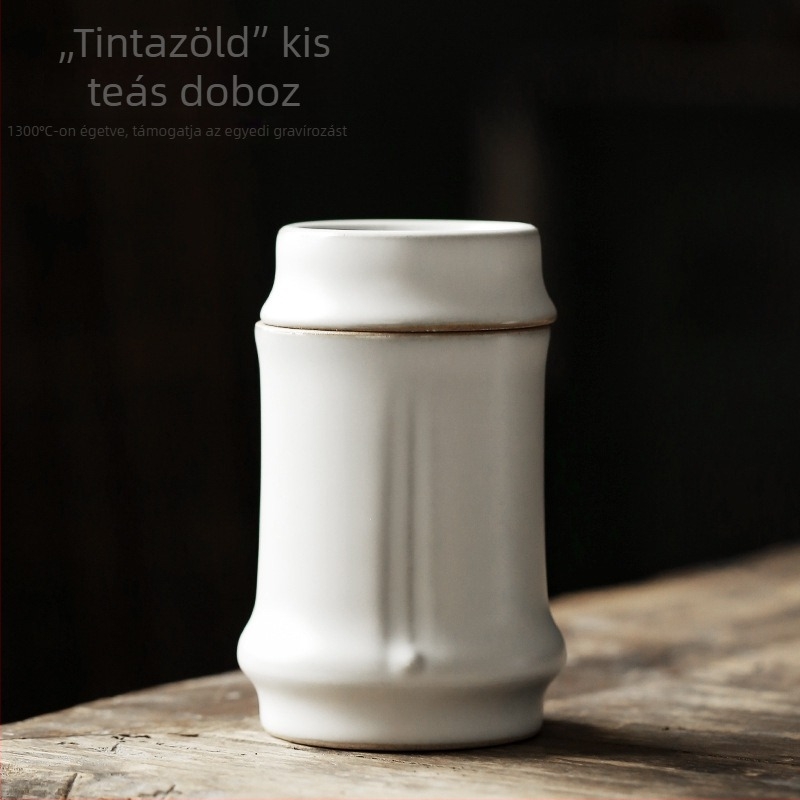 Antik stílusú kerámiából készült teás tárolóedény bambusz motívummal, zárható fedéllel, hordozható