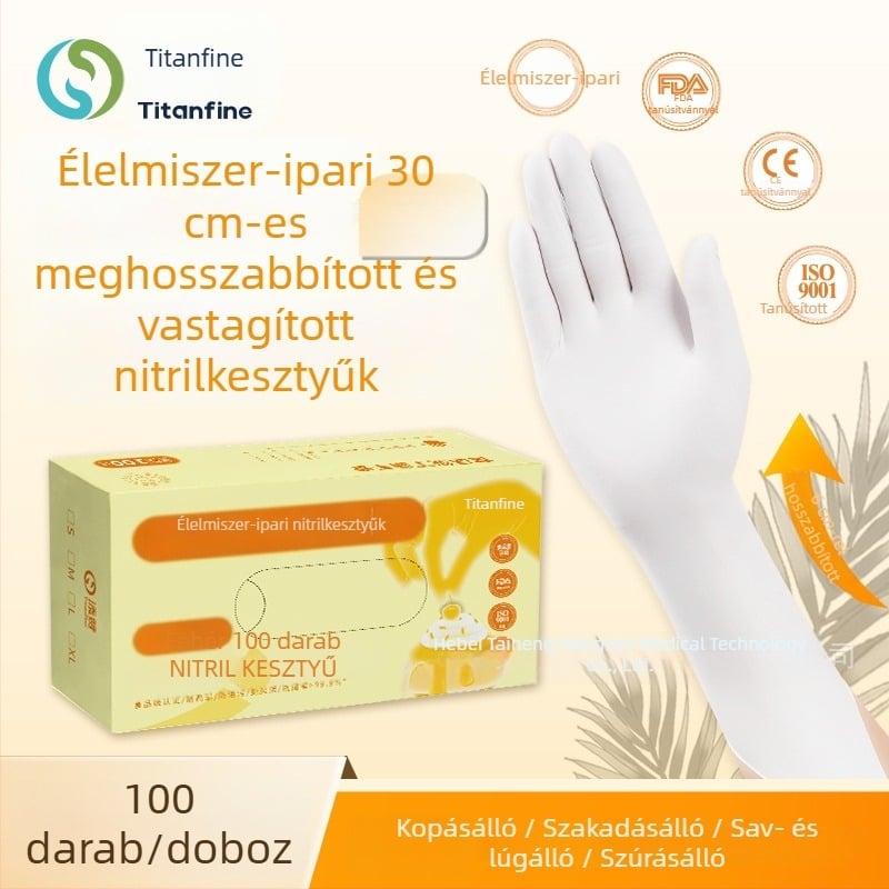 Titanfine egyszer használatos nitril kesztyűk, fehér, extra hosszú, vastagított, élelmiszer-minőségű