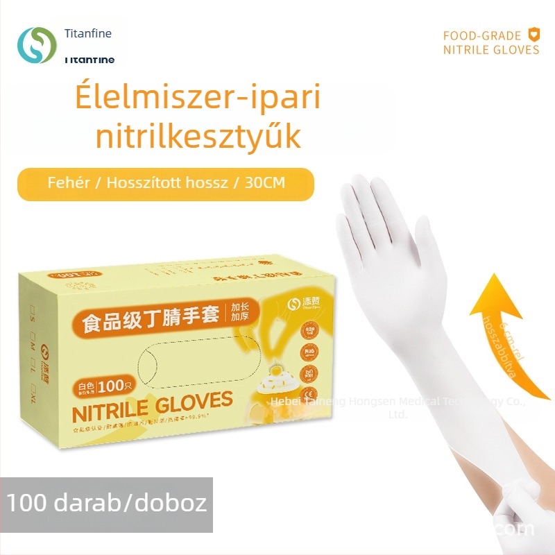 Titanfine egyszer használatos nitril kesztyűk, fehér, extra hosszú, vastagított, élelmiszer-minőségű