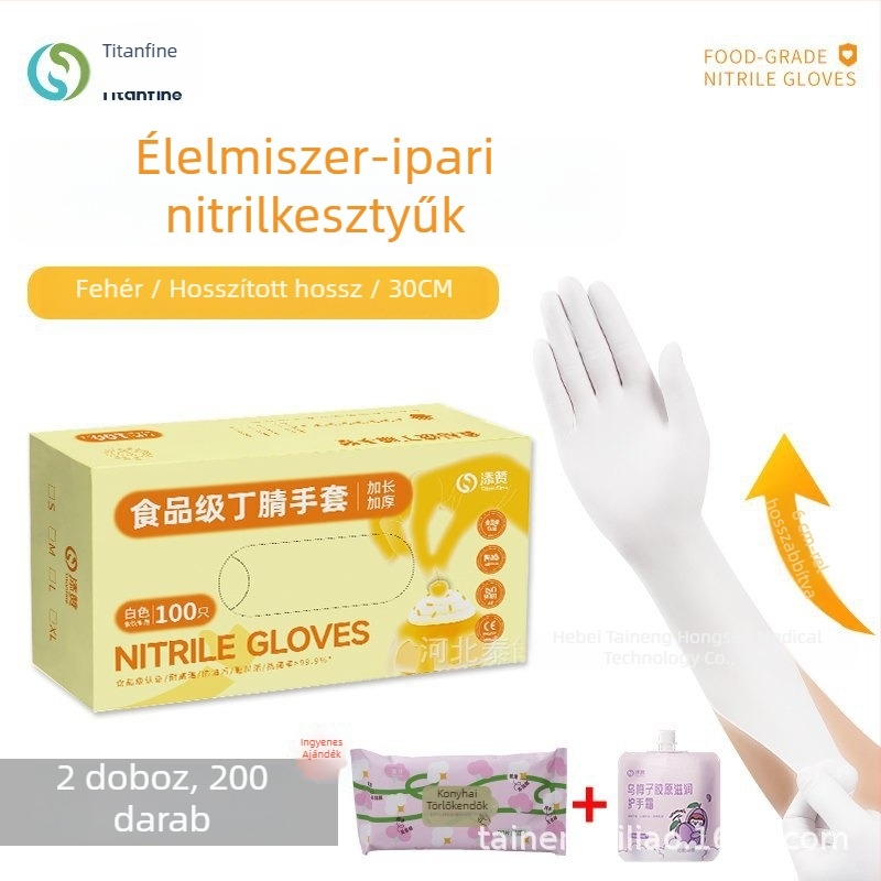 Titanfine egyszer használatos nitril kesztyűk, fehér, extra hosszú, vastagított, élelmiszer-minőségű