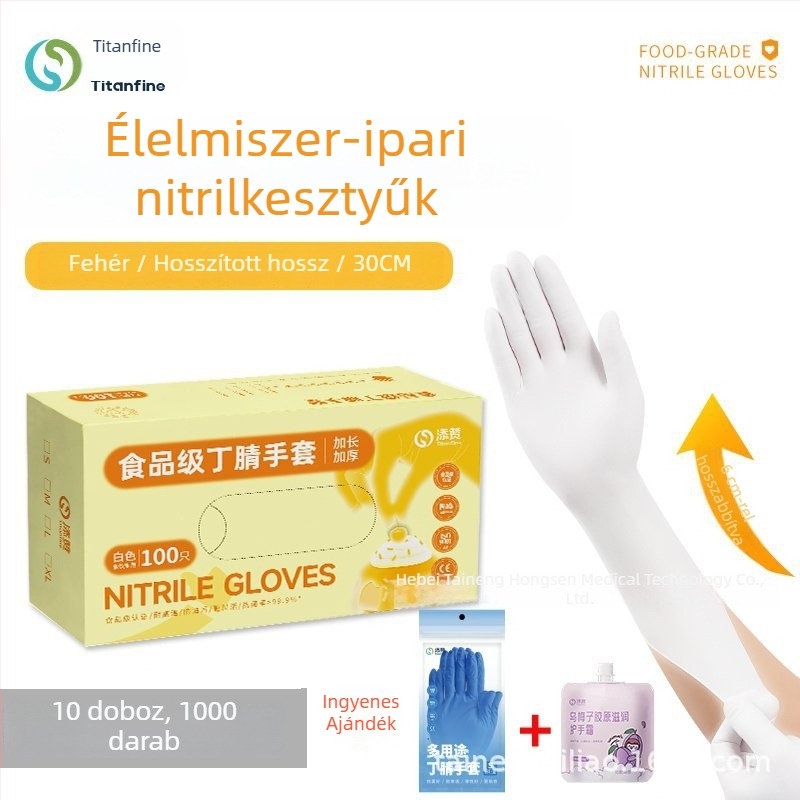 Titanfine egyszer használatos nitril kesztyűk, fehér, extra hosszú, vastagított, élelmiszer-minőségű