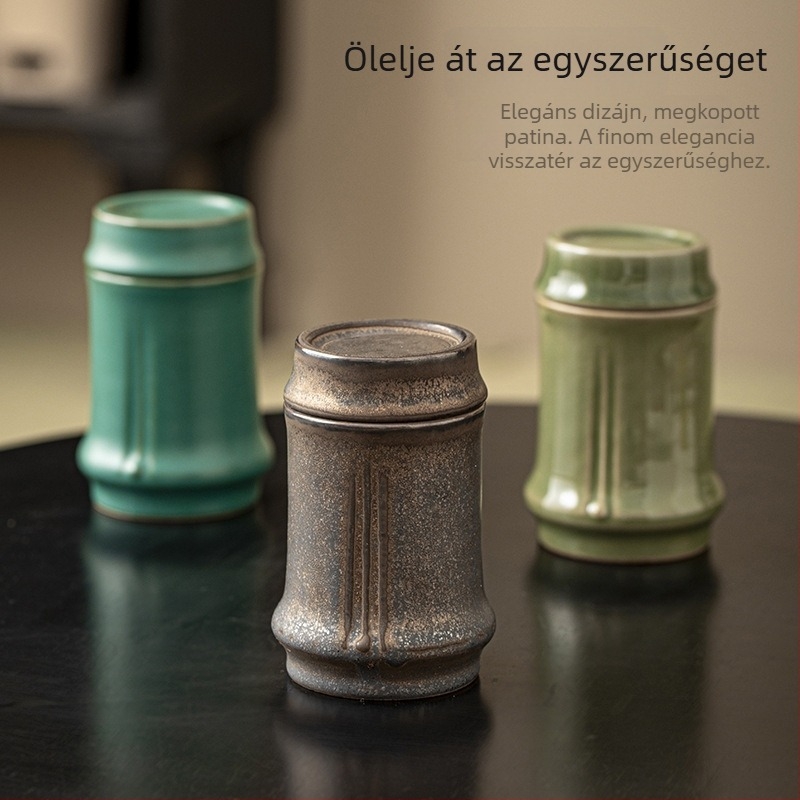 Celadon kerámiából készült teás doboz, zárható, kompakt tea tároláshoz, bambusz csomó mintával