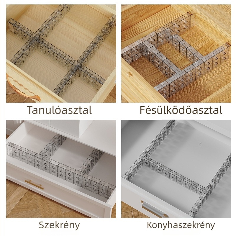 Gardrób polcos válaszfalakkal, asztali tároló rendező
