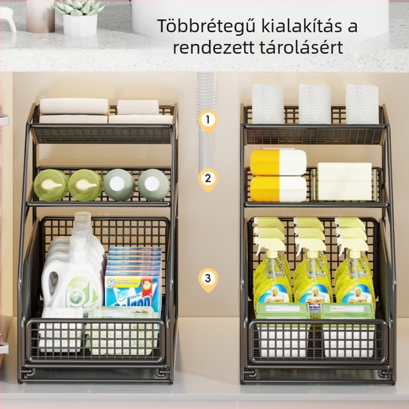Háromszintes mosdó alatti tároló szekrény kihúzható kosarakkal