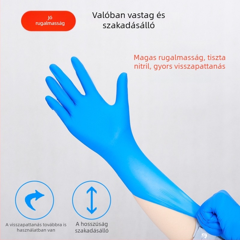 Élelmiszeripari nitril kesztyű, egyszer használatos, vastagított, csúszásmentes, olaj- és sav-bázis ellenálló, kopásálló, tisztításhoz
