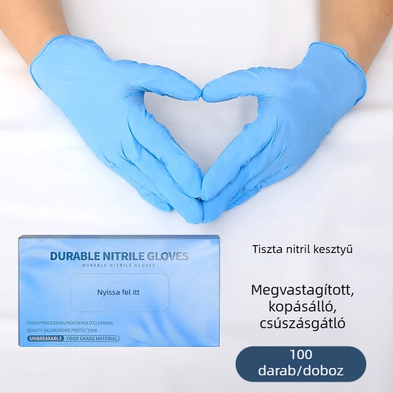 Élelmiszeripari nitril kesztyű, egyszer használatos, vastagított, csúszásmentes, olaj- és sav-bázis ellenálló, kopásálló, tisztításhoz