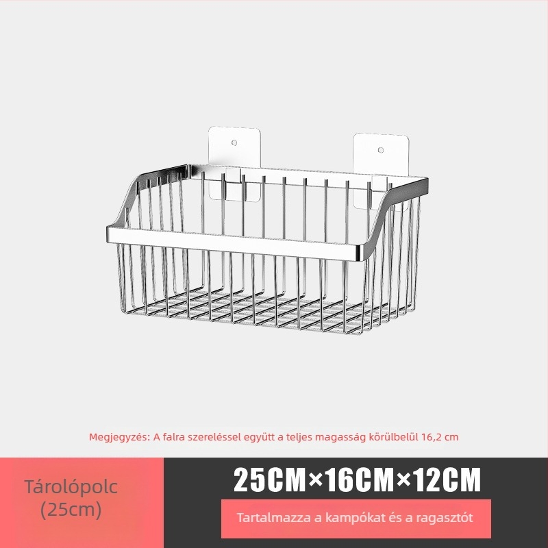 304 rozsdamentes acél konyhai tárolóállvány, falra szerelhető, fúrás nélkül, öntapadó fürdőszobai lefolyókosár