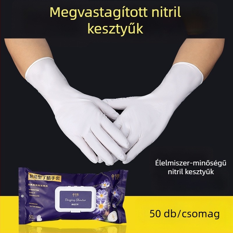 Háztartási nitril kesztyű pormentes, vastagított kivitel, kopásálló, víz- és olajálló, csúszásmentes, sav- és bázisálló, edények mosogatásához