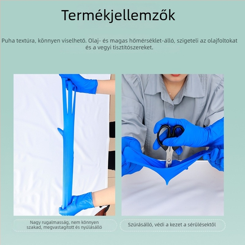 Háztartási nitril kesztyű pormentes, vastagított kivitel, kopásálló, víz- és olajálló, csúszásmentes, sav- és bázisálló, edények mosogatásához