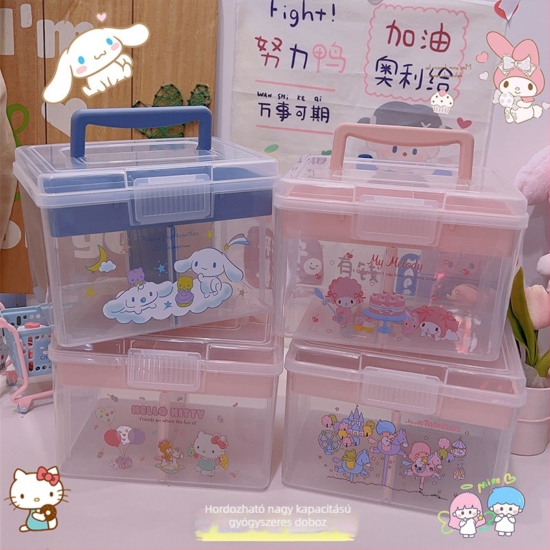 Áttetsző, hordozható kétszintes tároló doboz Cinnamoroll és My Melody mintával – aranyos gyógyszeres, jegyzet- és irodai papíráru tárolására.