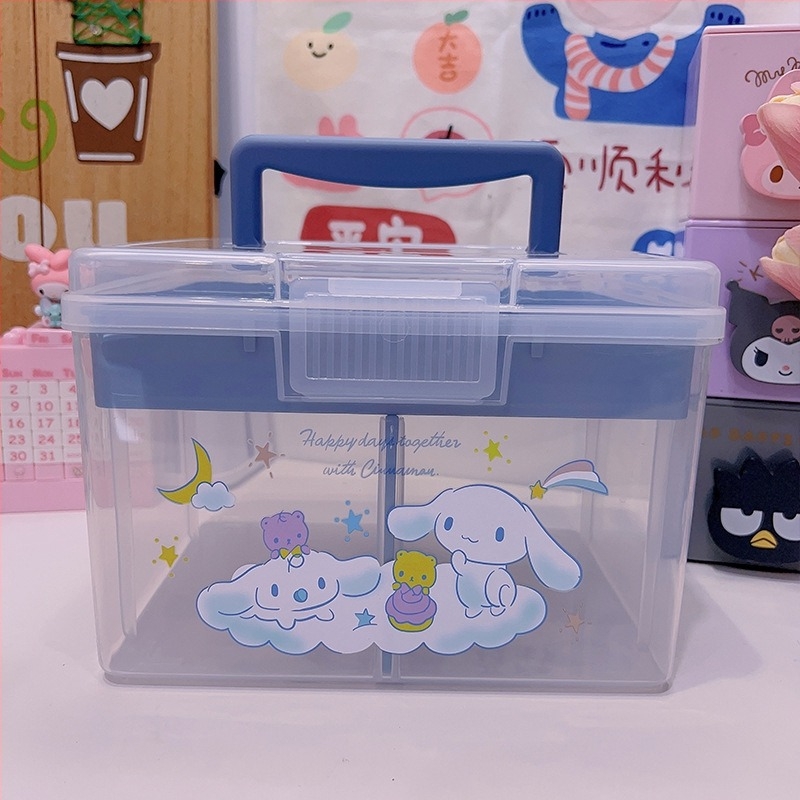 Áttetsző, hordozható kétszintes tároló doboz Cinnamoroll és My Melody mintával – aranyos gyógyszeres, jegyzet- és irodai papíráru tárolására.