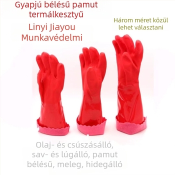 Hosszú, vastagított bársonyos bélelt háztartási kesztyűk, vízálló, fagypálló gumikesztyű