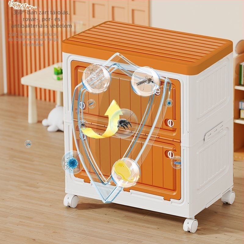 60 cm széles fedeles tároló doboz, nagy kapacitású, műanyagból, összecsukható, görgős, porálló, ruhákhoz és játékokhoz, japán stílusú.
