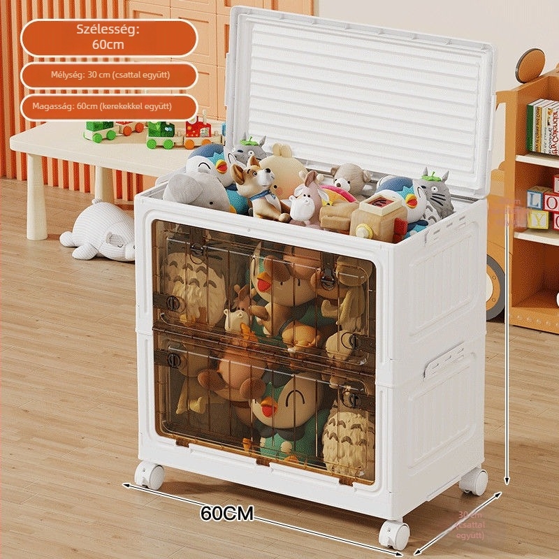 60 cm széles fedeles tároló doboz, nagy kapacitású, műanyagból, összecsukható, görgős, porálló, ruhákhoz és játékokhoz, japán stílusú.