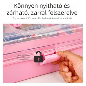 Háromrétegű vastagított művészeti eszköztároló doboz mozgatható betétekkel, gyógyszer- és ékszerdobozzal, nagy rekeszekkel, összecsukható