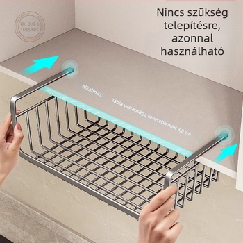 Beépített falra szerelhető konyhai tároló, szerelés nélkül, akasztókkal és kosarakkal az ajtókhoz