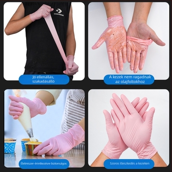 Rózsaszín nitril kesztyűk, 9 hüvelyk hosszú, kopásálló, víz- és olajálló, magas rugalmasságú, tartós, csúszásmentes, egyszer használatos