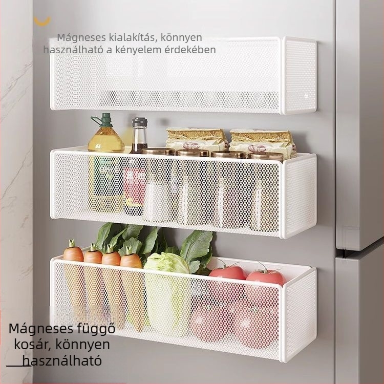 Mágneses függő kosár hűtőszekrényhez – falra akasztható konyhai tároló, többfunkciós, telepítés nélkül