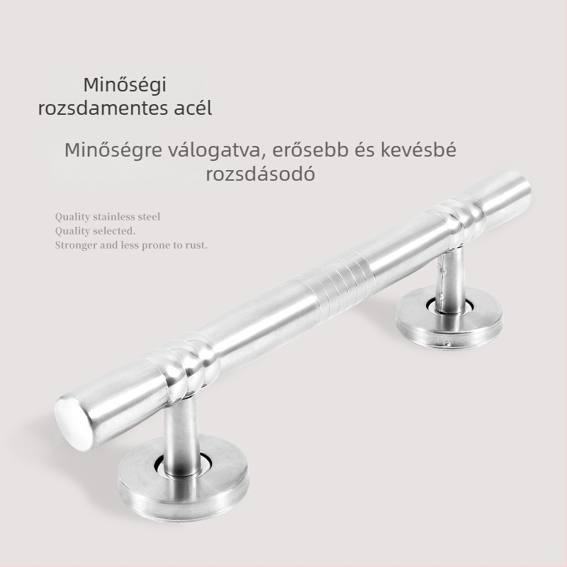 Rozsdamentes acél felületre szerelt kilincs, kettős nyílású faajtóhoz, minimalist design, alkalmas biztonsági ajtókhoz vagy vasajtókhoz.