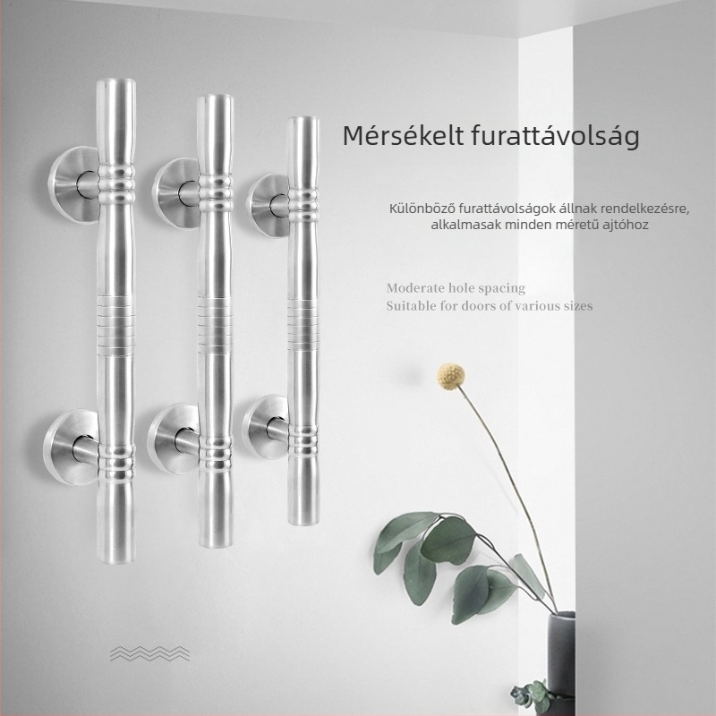 Rozsdamentes acél felületre szerelt kilincs, kettős nyílású faajtóhoz, minimalist design, alkalmas biztonsági ajtókhoz vagy vasajtókhoz.