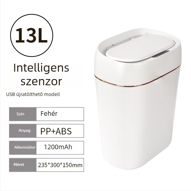 Indukciós szenzoros szemetes, 13–17 L, négyszögletes műanyag kivitel, otthonra: nappali, hálószoba, fürdőszoba, konyha; több rekeszes hulladékgyűjtő