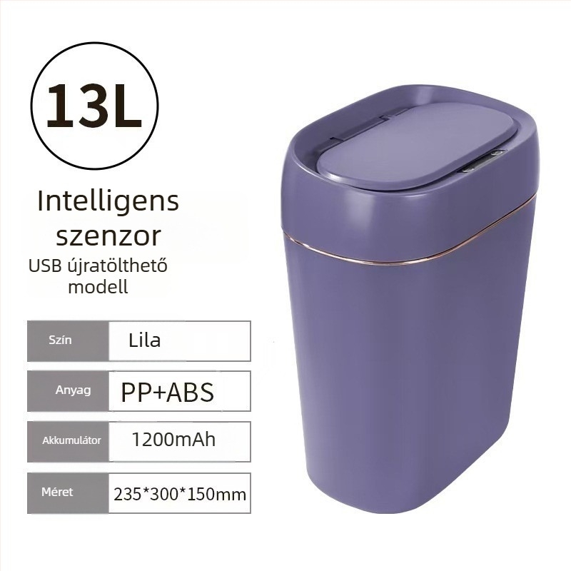 Indukciós szenzoros szemetes, 13–17 L, négyszögletes műanyag kivitel, otthonra: nappali, hálószoba, fürdőszoba, konyha; több rekeszes hulladékgyűjtő