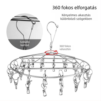 Rozsdamentes acélból készült ruhafogas, több csipesszel és akasztóval, zoknik, fehérneműk és babaruhák szárítására