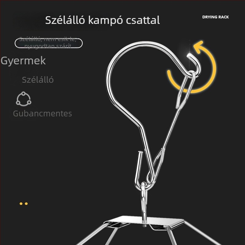 Rozsdamentes acélból készült ruhafogas, több csipesszel és akasztóval, zoknik, fehérneműk és babaruhák szárítására