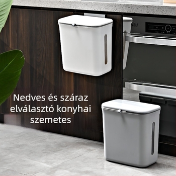Fali konyhai szemetes száraz–nedves szeparációval, csúszó fedél, 12 L, műanyag, fehér-szürke