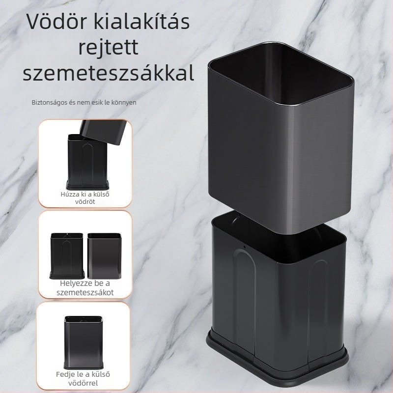 6 literes, rozsdamentes acél, téglalap alakú, fedél nélküli kuka fürdőszobába és irodába