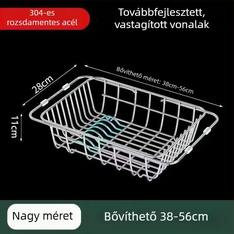Teleszkópos rozsdamentes acél mosogató állvány – szárító és tároló kosárral