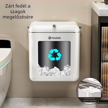 9 literes falra szerelhető fürdőszobai kuka fedéllel, műanyag