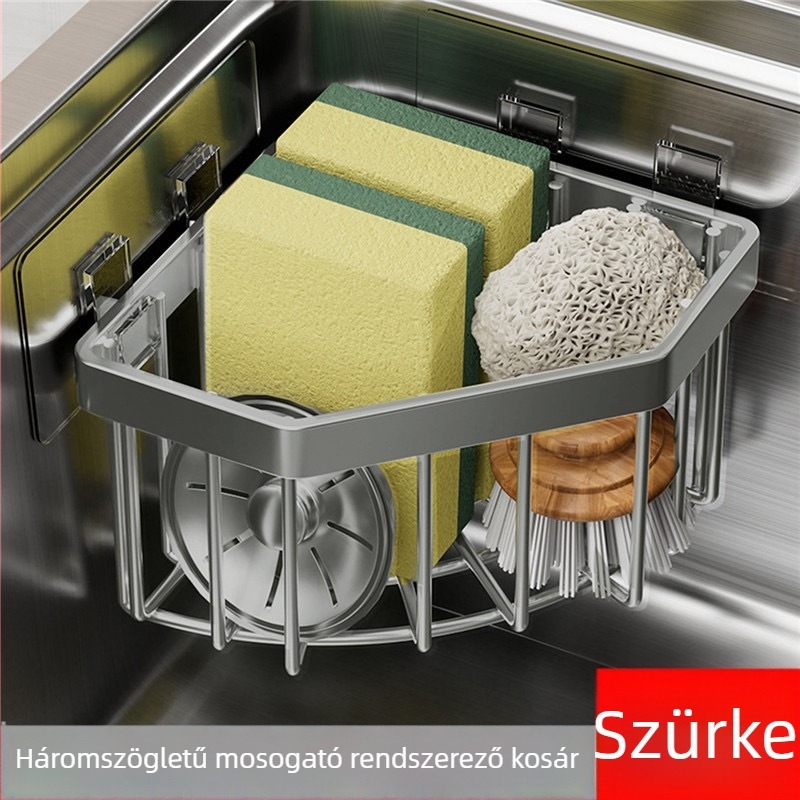 Rozsdamentes acélból készült sarokban elhelyezhető szivacs-tároló kosár mosogatóhoz és fürdőszobához, fúrás nélküli, háromszög alakú lefolyó állvány
