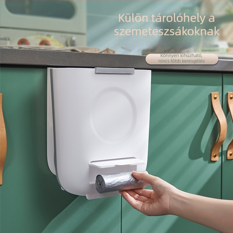 Konyhai falra szerelhető összecsukható szemetes, a szekrényajtóhoz akasztható, négyszögletes, műanyag, kapacitás 4 L alatt
