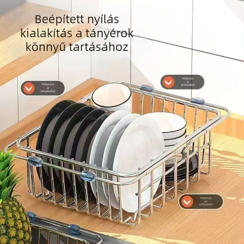 Rozsdamentes acél mosogató leeresztő kosár, teleszkópos konyhai tároló