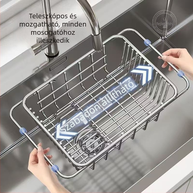 Rozsdamentes acél mosogató leeresztő kosár, teleszkópos konyhai tároló