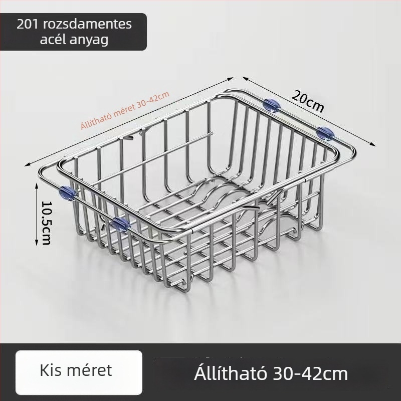 Rozsdamentes acél mosogató leeresztő kosár, teleszkópos konyhai tároló